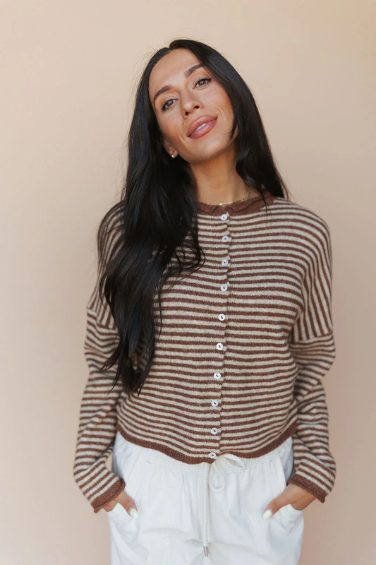 Piper Cardigan In Cocoa Pinstripe